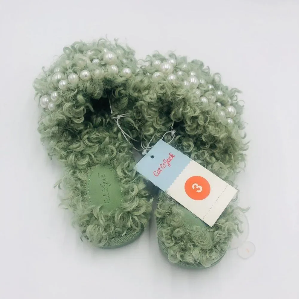 Cat and Jack Girls Size 3 Fuzzy Slippers Green Faux‎ Fur Pearls Slides